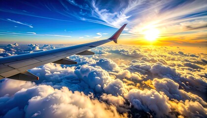 Airplane wing soaring above fluffy clouds during a vibrant sunrise