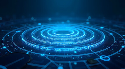 Futuristic Blue Holographic Ring Array with Cyberpunk HUD UI Elements and Digital HUD Interface