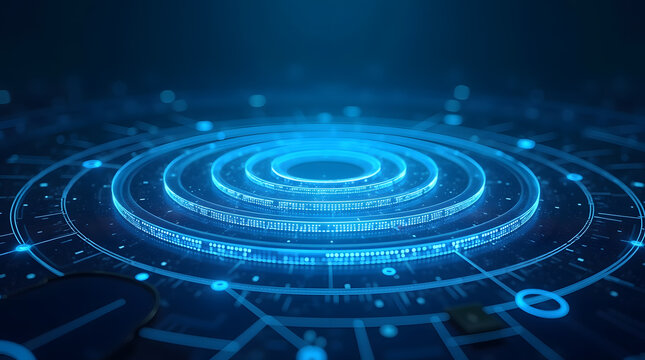 Futuristic Blue Holographic Ring Array with Cyberpunk HUD UI Elements and Digital HUD Interface - Powered by Adobe
