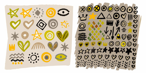 Collection of hand drawn abstract shapes and symbols in yellow green and grey on a beige background