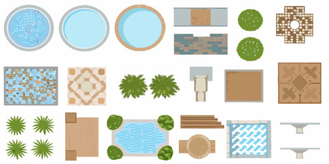 Collection of top down view outdoor elements for landscape design and architectural visualization