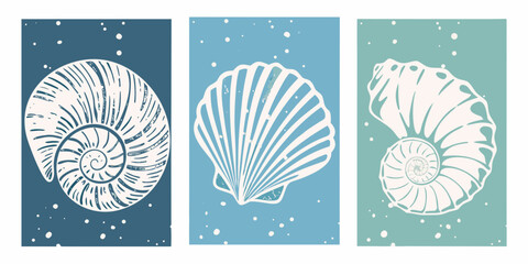 Set of three minimalist abstract seashell illustrations in a modern flat design style