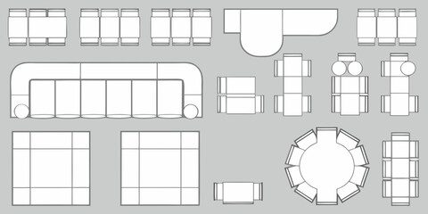Top view blueprint collection of various modern furniture arrangements for living room and lounge spaces