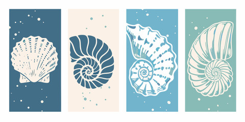 Set of four vertical abstract seashell illustrations in calming coastal color palette
