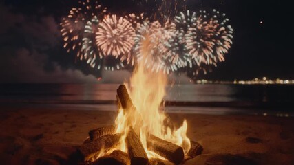 Beach Bonfire with Fireworks Display at Night, Celebrating Holiday by the Ocean.