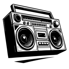 Detailed boombox illustration, black and white, perspective distortion for dynamic effect