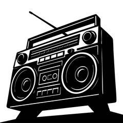 Iconic 80s portable stereo, black and white, powerful low-angle shot
