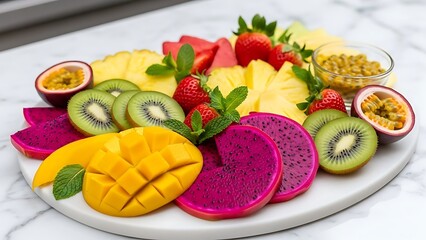 Freshly arranged colorful fruit platter with kiwi, pineapple, mango and berries, bright healthy snack for summer, vibrant clean background.