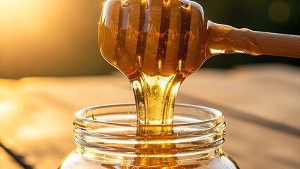 “Golden honey dripping smoothly from wooden dipper into glass jar, natural sweetener concept perfect for organic food and wellness product advertising.”
