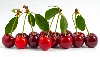 Close-up studio shot of ripe, shiny cherries with stems and green leaves. Some sit in front while others are behind