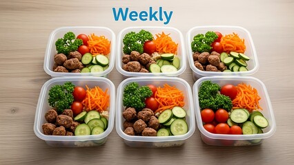 “Healthy weekly meal prep boxes with balanced ingredients, perfect for fitness diets, nutrition plans, weight-loss marketing, and clean eating promotions.”
