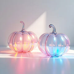 Two iridescent glass pumpkins with colorful lights on a reflective surface