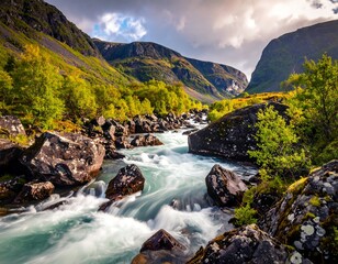 Scenic mountain valley with rushing turquoise river under cloudy skies