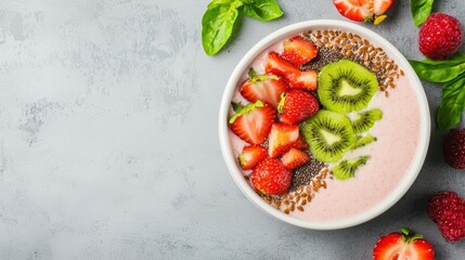  colorful smoothie bowl topped with fresh strawberries, kiwi, and flaxseed, garnished with basil leaves against a textured gray background.