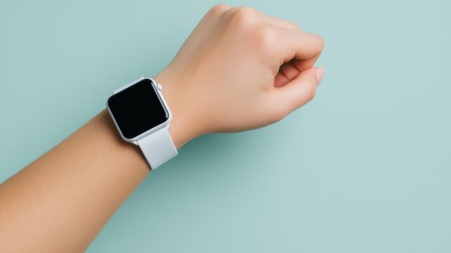 hand wearing a sleek smartwatch on a pastel background, showcasing modern technology and minimalist design. - Powered by Adobe
