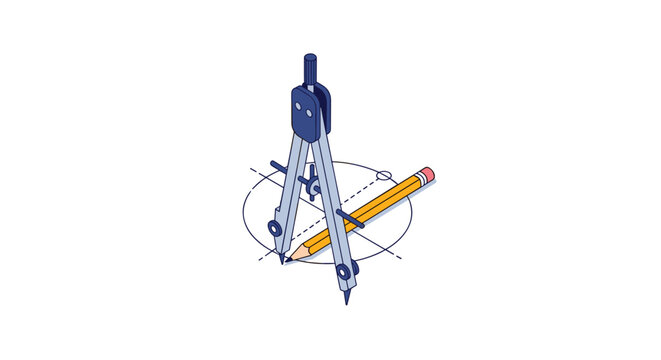 Isometric illustration of a drafting compass and pencil precisely drawing a geometric circle with construction lines, representing design and education.