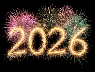 Glowing sparkler numbers forming 2026 with colorful fireworks bursting behind