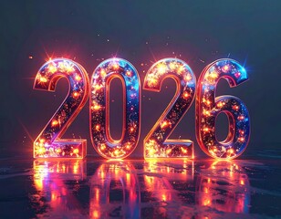 Animated 2026 numerals in glowing, fiery style, reflecting on surface