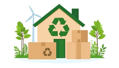 Animated image of eco-friendly home with recycling symbol & boxes
