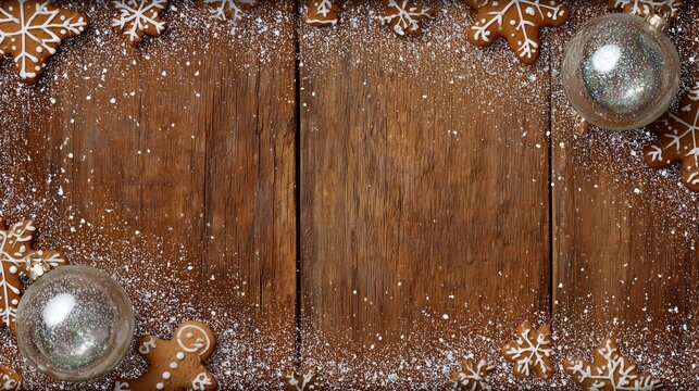 Gingerbread cookies and ornaments border a wooden surface with scattered snow and copy space with copy space - Powered by Adobe