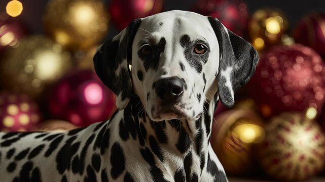 A black and white dog with a black nose and black eyes is standing in front of a bunch of red and gold balls. Dalmatian posing with soft blurred ornaments behind