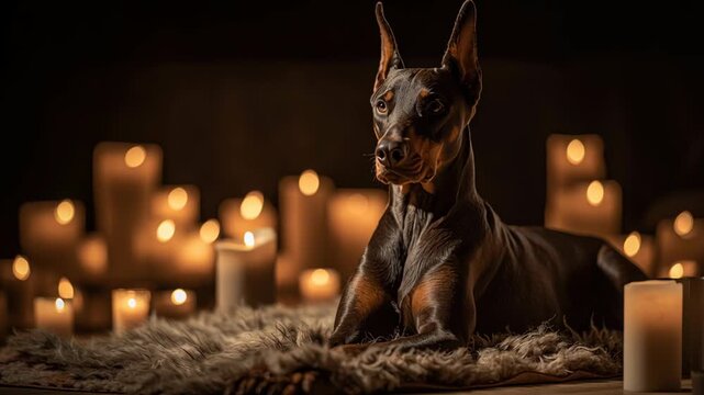 A black dog is laying on a rug in front of a bunch of candles. The candles are lit and the dog is staring at the camera. Doberman Pinscher on rug with warm candle-like lights in background