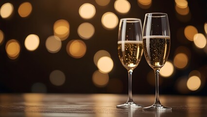 Two glasses of champagne on table with bo lights in the background.