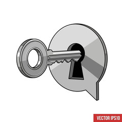 Grayscale vector icon of a key entering a speech bubble keyhole.