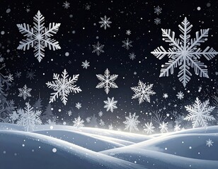 Animated depiction of snow-covered landscape with falling snowflakes