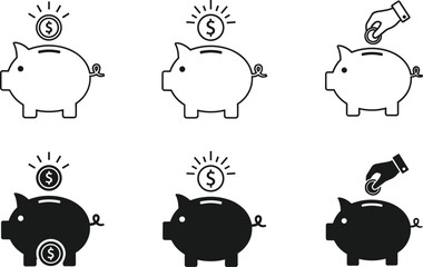 Piggy, bank, savings, investment, money, finance, deposit, income, wealth, budget, coin, cash, growth, security, banking, economy, profit, capital, vector, icons