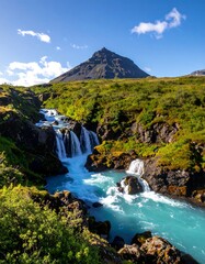Obraz premium Scenic mountain backdrop behind cascading blue waterfalls and a vibrant river