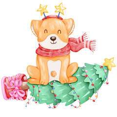 Hand-painted watercolor Christmas themed dog cartoon