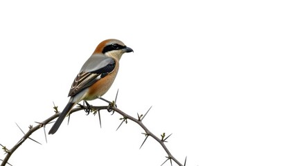 Fototapeta premium Alert shrike perched atop arching thorny branch, warm brown back and bold black mask standing out against pale sky, small predatory songbird surveying territory in stark minimalist scene