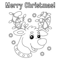 Black and white line art drawing of a cheerful reindeer head with string lights wrapped around its antlers and snowflakes falling. Includes 