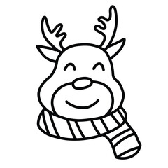 Simple black and white line art drawing of a cute, smiling reindeer head wearing a striped winter scarf. This festive animal outline is perfect for coloring books, holiday crafts, DIY projects