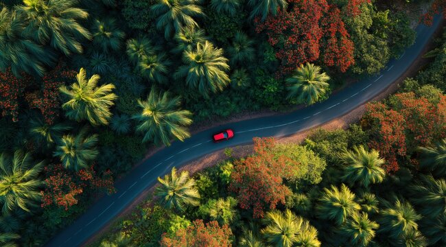 Scenic Road Through Lush Forest: An overhead shot showcases a vibrant red car navigating a winding road through a dense forest of various green and auburn trees.