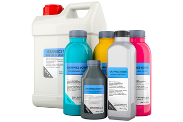 Kit of Toner Refill Powder. Colored graphics toner in the bottles for use in laser printers, transparent background