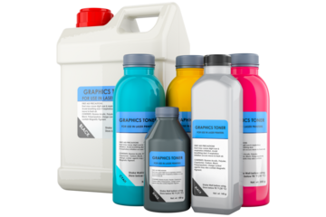 Kit of Toner Refill Powder. Colored graphics toner in the bottles for use in laser printers, transparent background