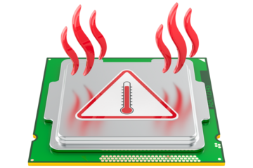 Computer processor with overheating warning symbol and heat waves, transparent background