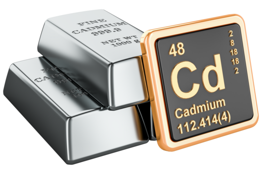 Cadmium ingots with chemical element icon Cadmium Cd, transparent background