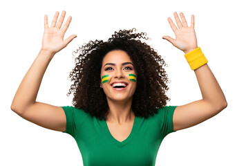 Enthusiastic Brazilian soccer fan celebrates, cheering for team