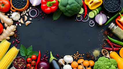 Fresh, healthy vegetables and fruits on a blackboard frame border with tomato, pepper, and onion