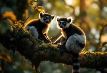 Fototapeta premium Pair of Ring-Tailed Lemurs Sitting Curiously on a Mossy Tree Branch in a Vibrant Jungle Setting with Golden Sunset Light