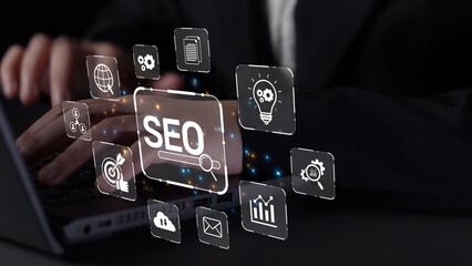 SEO concept for improving SEO visibility, with SEO related digital tools and SEO performance icons shown in an focused layout for strategic marketing. Muxer