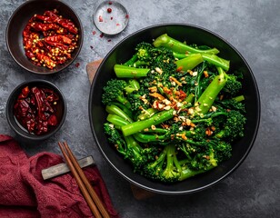 Close-up shot of stir-fried green vegetables with a spicy topping, served in a black bowl. Garnished with nuts, alongside chili and chopsticks
