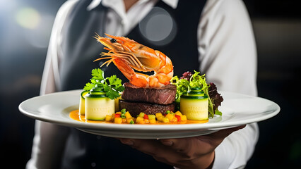 Waiter serving a delicious gourmet salmon dinner plate with fresh green vegetables in a healthy restaurant setting