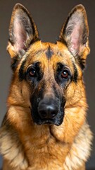 Close-up portrait of a German Shepherd dog facing the camera. The dog has brown and black markings, alert eyes, and erect ears
