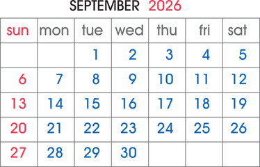 September 2026 Calendar Grid With Red Sunday Dates And Blue Weekday Numbers planner
