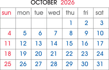 October 2026 Calendar Grid With Days Of The Week And Numbers planner