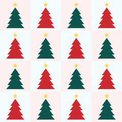 Repeating pattern of red and green Christmas trees with yellow stars Keywords: Christmas trees